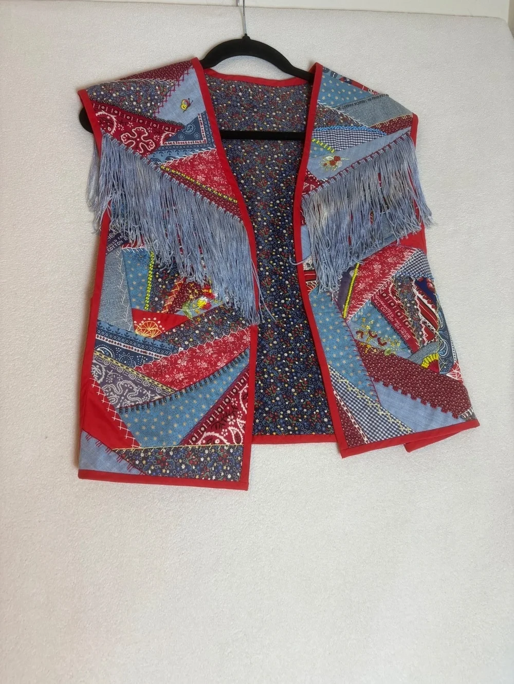 Handmade Patchwork Vest with Vibrant Colors and Light Blue Fringe Size Large